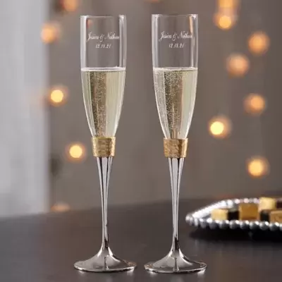Gold Hammered Engraved Wedding Champagne Flutes (Set of 2)