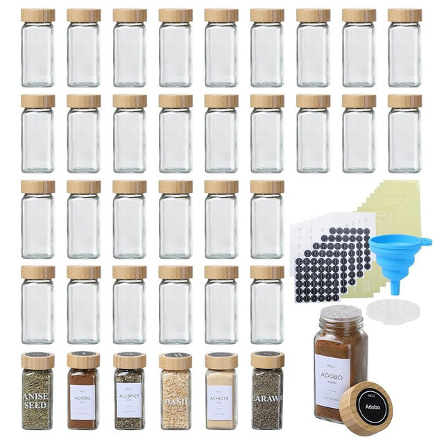 Naivees 4 OZ Glass Spice Jars with Bamboo Lids Empty Bottles with Labels and Funnel Storage Bottles for Spice,Seasoning and Grain (36 Pack)