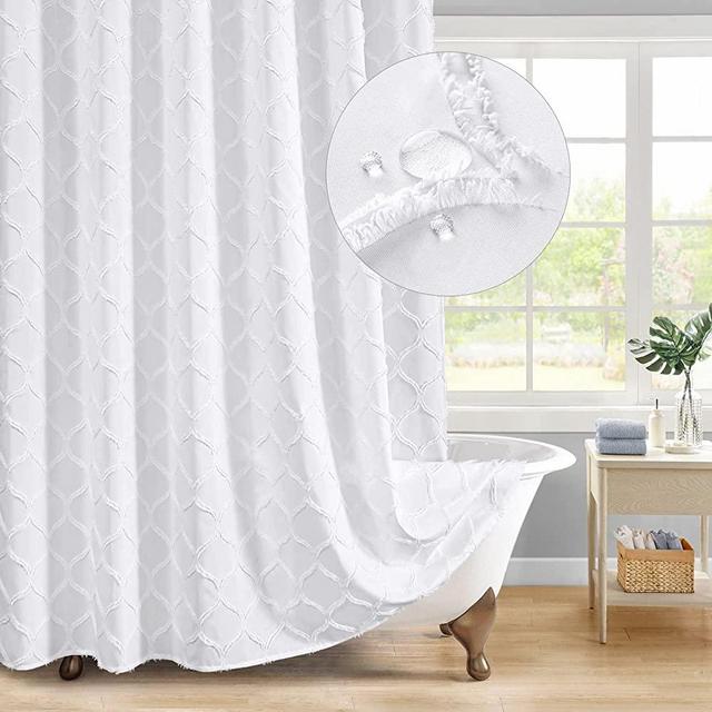 MitoVilla White Boho Fabric Shower Curtain with Tufted, Modern Farmhouse Cloth Shower Curtains for Luxury Bathroom Decor, Chic Elegant Moroccan Geometric Textured, Soft & Wrinkle Resistant, 72 x 72