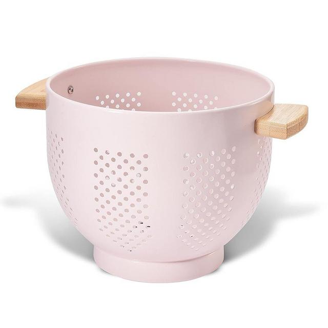 Metal Colander with Wood Handle and Stable Base, Powder Coated Steel Kitchen Strainer Basket for Draining Pasta, Vegetable and fruit (5.5 quart, Pink)
