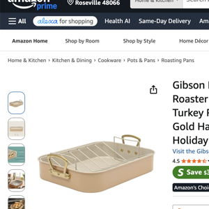 Gibson Home Broxton 2-Piece Nonstick Roaster Pan with Rack – 16 x 12 Inch Apricot Turkey Roasting Pan with Cast Aluminum Gold Handles – Oven-Safe, Easy-Clean, Holiday Cookware