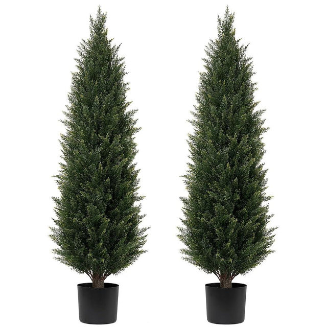 Artificial Topiary Tree Two 4FT Artificial Cedar Trees Artificial Pine Tree UV Resistant Potted Plant Artificial Outdoor Tree for Indoor Outdoor Garden Home Decor