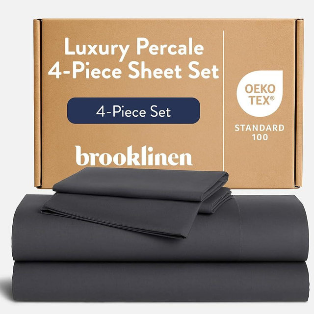 Brooklinen Luxury Percale Sheet Set - 4 Piece 100% Cotton Bed Sheets - 1 Fitted & 1 Flat Sheet, 2 Pillowcases - Cotton Percale Sheets for Hot Sleepers (Twin XL Size, Slate Grey)