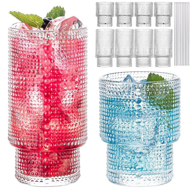VasoArte Hobnail Drinking Glasses, 8 pcs Glass Cups with straw, 4 Highball Glasses & 4 Rocks Glasses,Elegant Ripple Vintage Glassware, Ribbed Glasses, Iced Coffee Glasses for Cocktail Whiskey