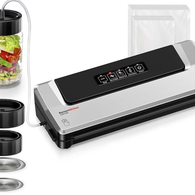 Bonsenkitchen Vacuum Sealer Machine + Mason Jar Sealer Kit, Fast-Compact/Multi-Functional Food Vacuum Sealer with External Vacuum System & 40 Vacuum Bags, Silver