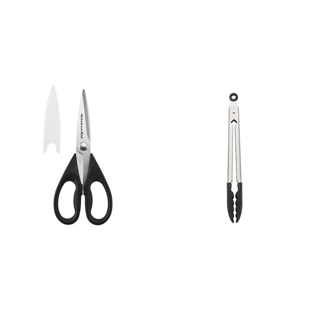 KitchenAid All Purpose Shears with Protective Sheath and Silicone Tipped Stainless Steel Tongs Black