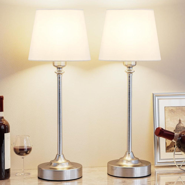 Cordless Table Lamps Rechargeable Set - 2 Pack Silver 4000mAH Battery Operated Lamps for Decor, 3000K Stepless Dimming Touch Control Wireless Lamps for Bedroom, Dining Table, Living Room, White Shade
