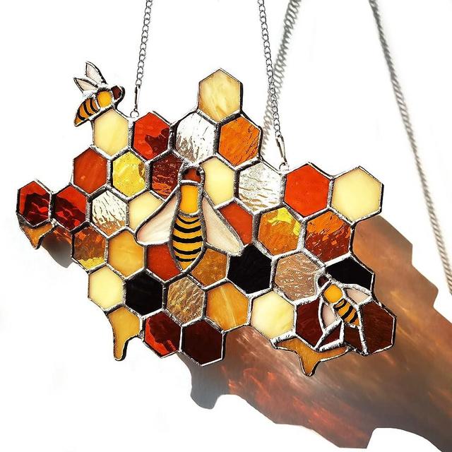 Large Honeycomb Sun Catcher, Handmade Bee Stained Glass Window Hanging