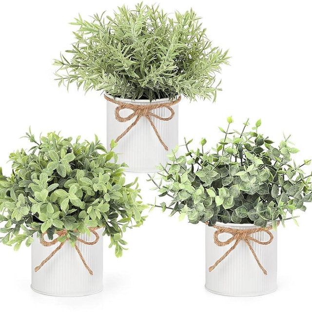 Mkono Fake Plants in Farmhouse Galvanized Pots Table Centerpiece 3 Pack Potted Artificial Plants Faux Eucalyptus for Shelf Office Rustic Home Decor, White