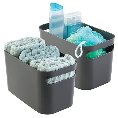 mDesign Deep Plastic Bathroom Vanity Storage Bin with Handles - Organizer for Hand Soap, Body Wash, Shampoo, Lotion, Conditioner, Hand Towel, Hair Brush, Mouthwash - 10" Long, 2 Pack - Slate Gray