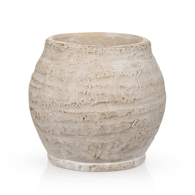 Briful Rustic Vintage Ceramic Pottery Vase, 5.1'' Farmhouse Table Decor with Distressed Texture, Wide Mouth Decorative Jar Vases for Home Decor, Shelf & Entryway, Cream White