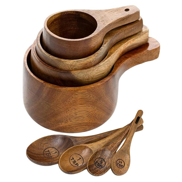 Wooden Measuring Cups and Spoons Set - Eco-Friendly Solid Acacia Wood, Laser Engraved Measurements, Perfect for Baking & Cooking - Ideal for Bakers, Chefs & Home Cooks