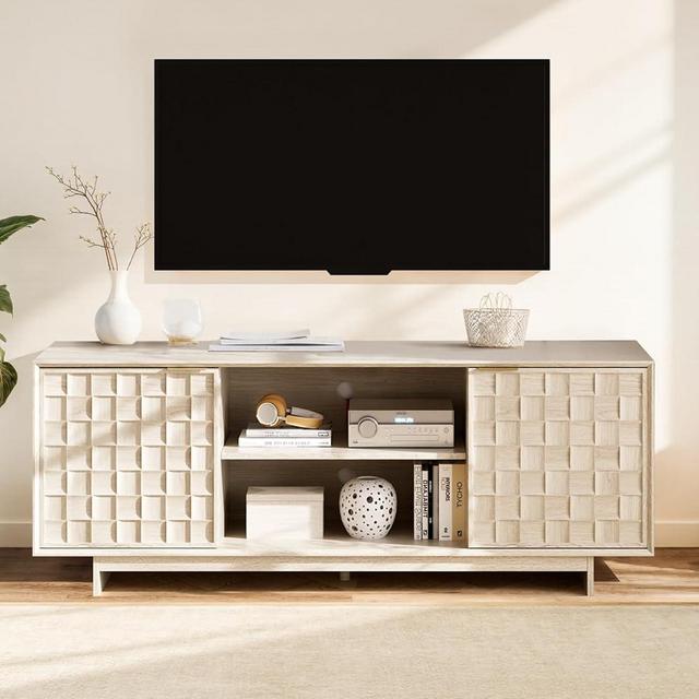 COLAMY TV Stand with Two Doors, Entertainment Center 59" with Adjustable Shelves and Storage, Mid-Century Modern TV Stand for 50/55/65 inch TV, Media Console Cabinet for Living Room, Bedroom Oak