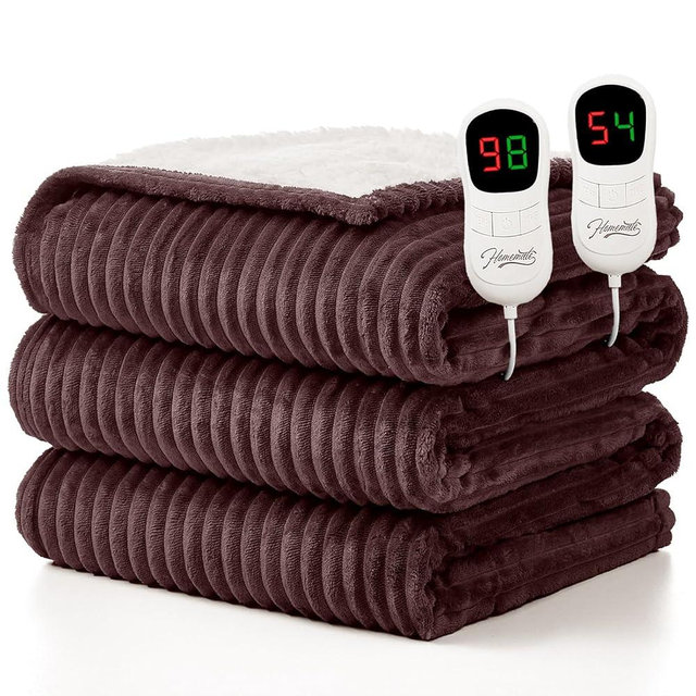 Homemate Electric Heated Blanket Queen Size - 84"x90" Heating Blanket Queen Size Dual Control 1/2/4/6/8 Hours Auto-Off 10 Heat Level Over-Heat Protection Soft Flannel Sherpa ETL Certification