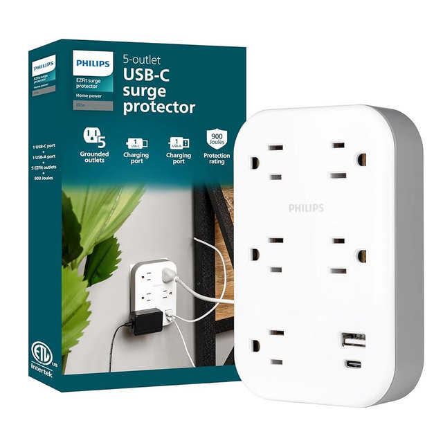 Philips EZFit 5-Outlet Extender Wall Tap with Surge Protection, Grounded Adapter, Charging Station, 3 Prong, 1 USB-A, 1 USB-C, 900J, White, SPP3513W/37
