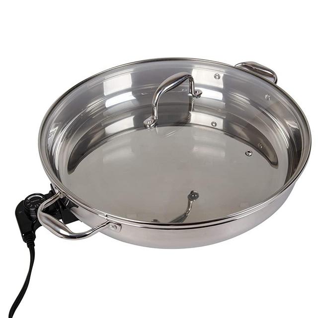 Electric Skillet By Cucina Pro - 18/10 Stainless Steel with Tempered Glass Lid, 16" Round