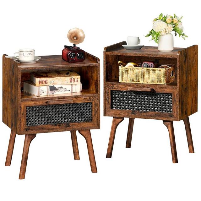 Lerliuo Rattan Nightstands Set of 2, Boho Side Table with Drawer Open Shelf, Cane Accent Bedside End Table with Solid Wood Legs for Bedroom, Dorm and Small Spaces (Brown)