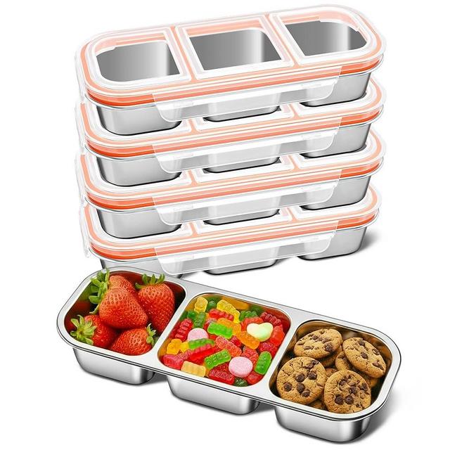 QCQHDU Snack Containers, Reusable Stainless Steel 3 Compartment Condiment Metal Bento Lunch Box with Lids, Divided Snack Food Storage Lunchable Containers for Home, Work, Travel, Camping, 5 Pack