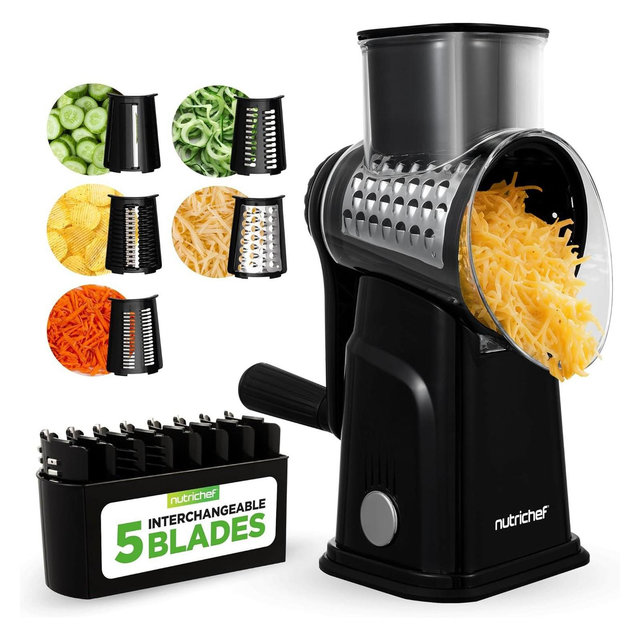 NutriChef Rotary Cheese Grater with Handle & 5 Replaceable Blades - Black
