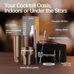 Hybrid Cocktail Shaker Set | Vacuum Insulated Stainless Steel Martini Shaker with Strainer & Jigger Lid | Travel cocktail kit with Bartender Accessory Tools | 30oz | Gold