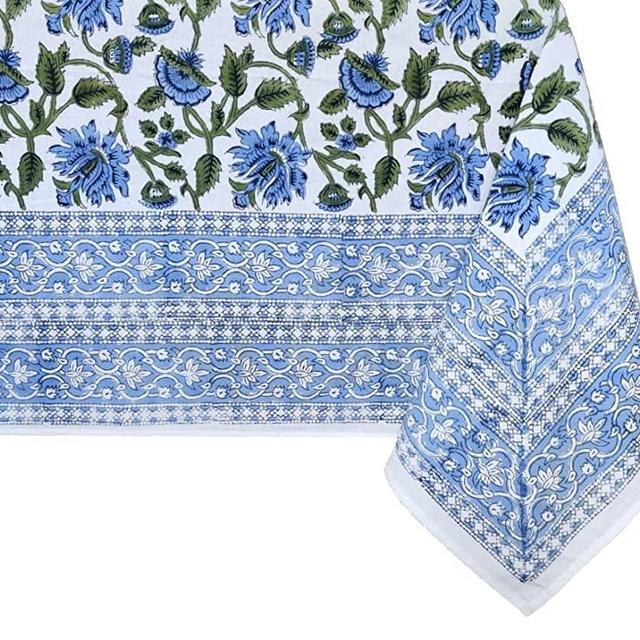 ATOSII 'Taj' 100% Cotton Rectangle Tablecloth, Handblock Floral Print Linen Table Cloth for Kitchen I Dining Table I Tabletop I Parties I Wedding I Spring/Summer (60 X 90 Inches)