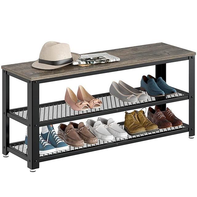 Rolanstar Shoe Bench, 3-Tier Shoe Rack 39.4”, Storage Entry Bench with Mesh Shelves Wood Seat, Rustic Foyer Bench for Hallway Front Door, Doorway, Living Room, Mudroom, Steel Frame, Gray