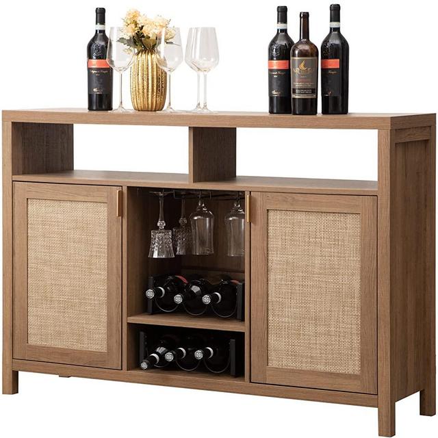SICOTAS Wine Bar Cabinet, Rattan Buffet Sideboard Storage Cabinet with Wine Rack, 51" Boho Coffee Bar Cabinets for Liquor and Glasses Modern Liquor Cabinet for Home Living Dining Room, Natural