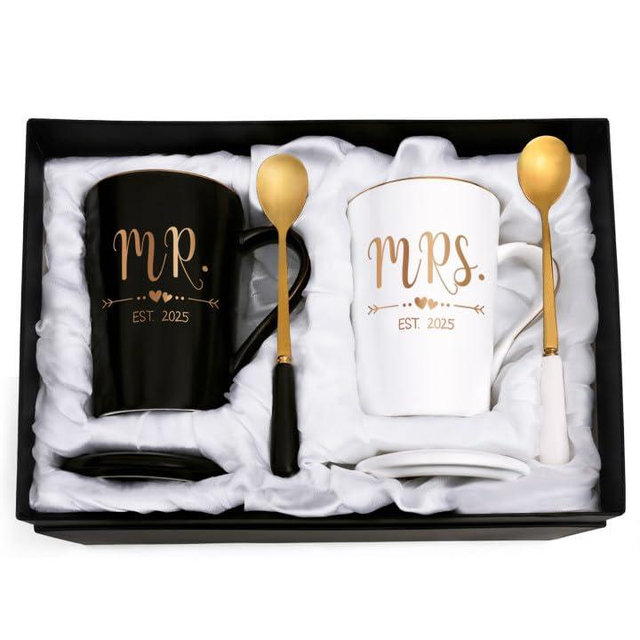 Cabtnca Wedding Gifts, Mr And Mrs Gifts, Engagement Gifts for Couples, Wedding Gifts for Couples 2025, Mr And Mrs Est 2025 Mug Set, Wedding Registry Bridal Shower Gifts, 14 Oz Black & White