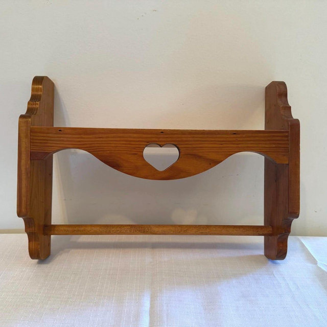 Wooden Shelf with Heart Cutout and Rod; Vintage Farmhouse Style Hanging Wood Shelf; Towel Holder