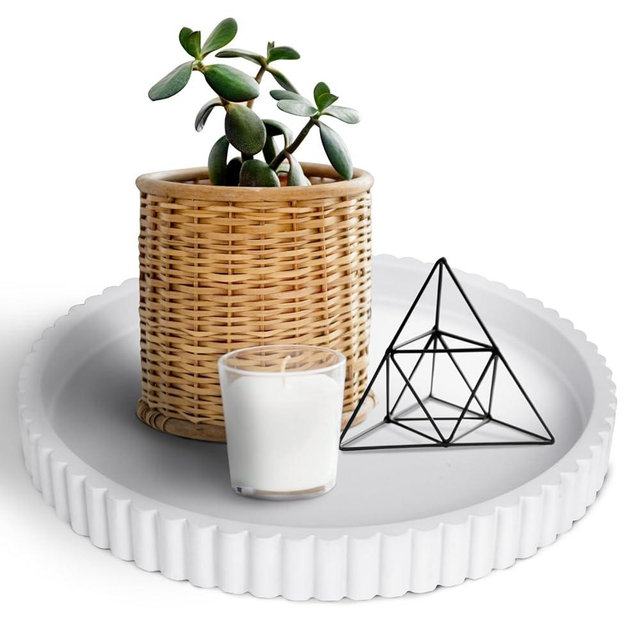 13-Inch Round Coffee Table Tray - Concrete bandejas decorativas Round White Decorative Tray for Coffee Table Decor Kitchen Island Table Trays Decorative Trays - Dining Room Centerpiece Tray - White
