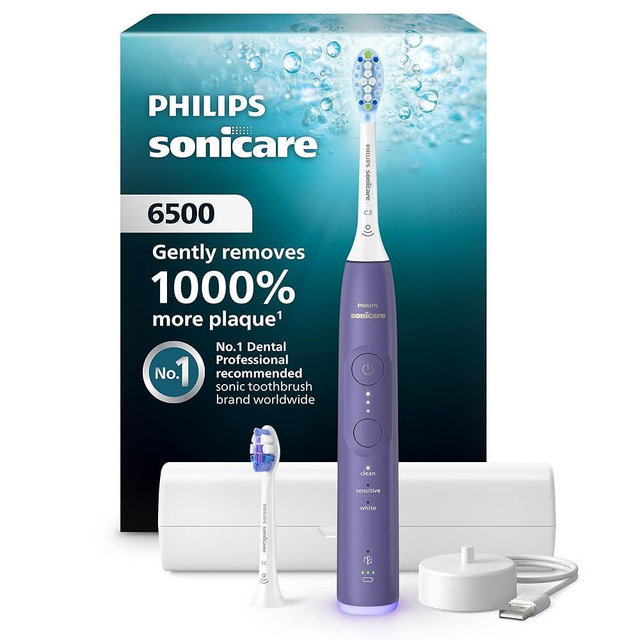 Philips Sonicare 6500 Series Electric Toothbrush - Next-Generation Sonicare Technology, Pressure Sensor, 9 Brushing Settings, SmarTimer, BrushPacer, 21-Day Runtime, Travel Case, Purple, HX7417/05