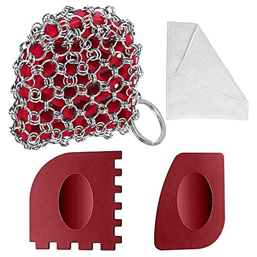 Herda Cast Iron Scrubber Scrapers Tool Kit, 4Pieces Cast Iron Cleaner Cleaning Care Kit 316 Chainmail Scrubber for Skillet, Steel Chain Brush Plastic Pan Scraper Set for Grill Griddle Pot Dish Food
