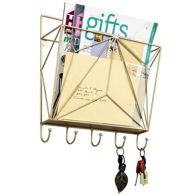MyGift Modern Geometric Gold Metal Wire Wall Mounted Mail Sorter Magazine & File Storage Organizer Rack with 5 Key Hooks