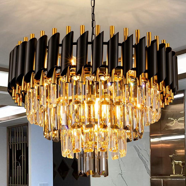 Aixialin 7-Light Modern Crystal Chandelier 20" Dining Room Light Fixtures 4 Tiers Flush Mount Smoke Grey and Gold Chandelier Round Chandeliers for Dining Room Living Room Kitchen Entryway Foyer