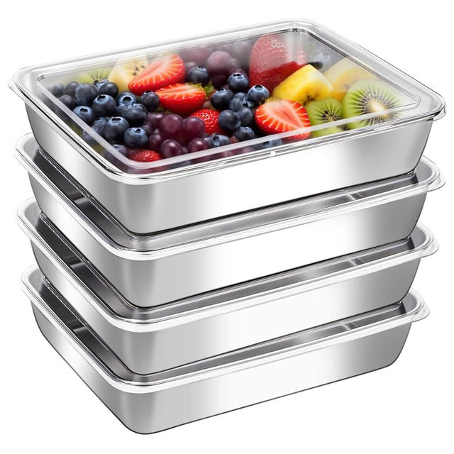 ACTUKSX 4 Pcs Stainless Steel Food Containers with Clear Lids, Stackable Snack Storage Boxes, Deli Meat Keeper for Refrigerator or Picnic, BBQ Party, Office, Gym Lunch
