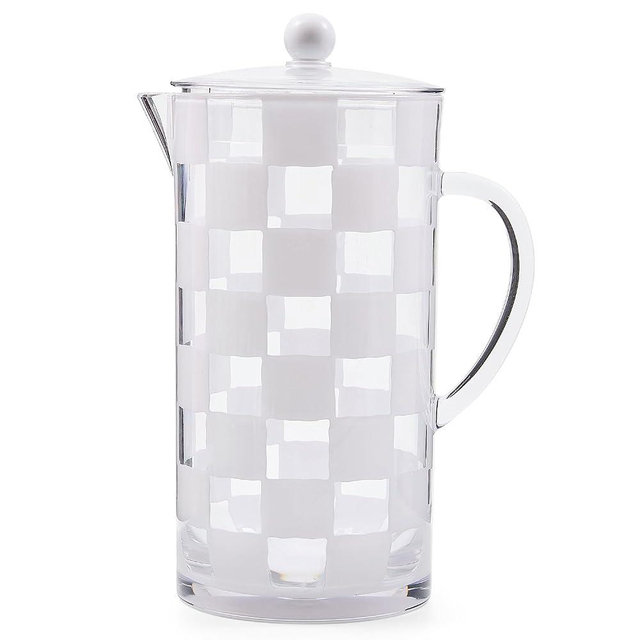 MACKENZIE-CHILDS Acrylic Pitcher with Spout for Water, Lemonade, and Farmhouse Home Decor, 2.5 Quarts, White Check