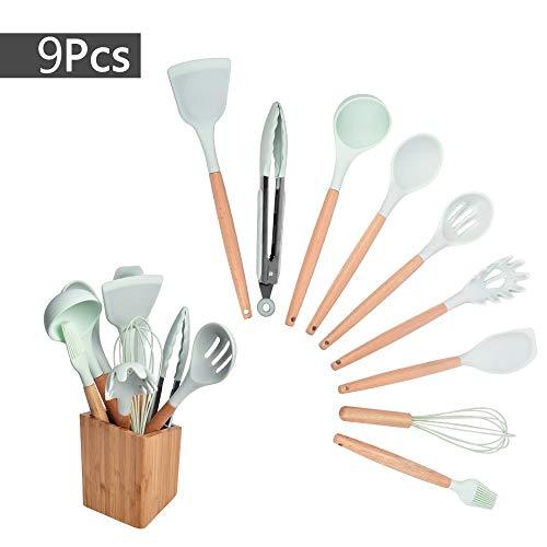 Silicone Cooking Utensils with Bamboo Holder, Kitchen Utensil Set,Yostyle 9-Piece Wooden Cooking Tool Turner Tongs Spatula Spoon Set with Bamboo Wood Handles for Nonstick Cookware(BPA Free)