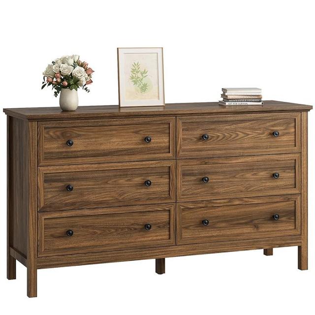 CARPETNAL 55" Walnut Dresser for Bedroom, 6 Drawer Dresser with Wide Drawer and Metal Handles, Wood Dressers & Chests of Drawers for Hallway, Entryway.