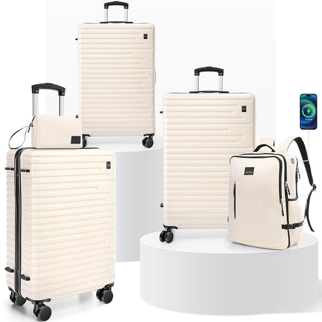 Hoteel Luggage Sets 5 Piece, 4-Yr Warranty Durable Suitcase Dual-Spinner Wheel TSA Lock, Lightweight Travel Hardshell PC+ABS Carry on Luggage for Men&Women, Beige(20in/24in/28in/BP/TB)