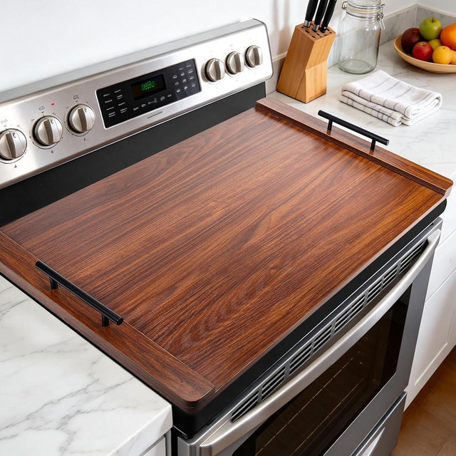 FUSOUBOTY Noodle Board Stove Cover with Handles, Wood Stove Top Covers for Electric Stove and Gas Burners, Wooden Decorative Serving Tray Kitchen Sink Cover for Counter Space (Walnut)
