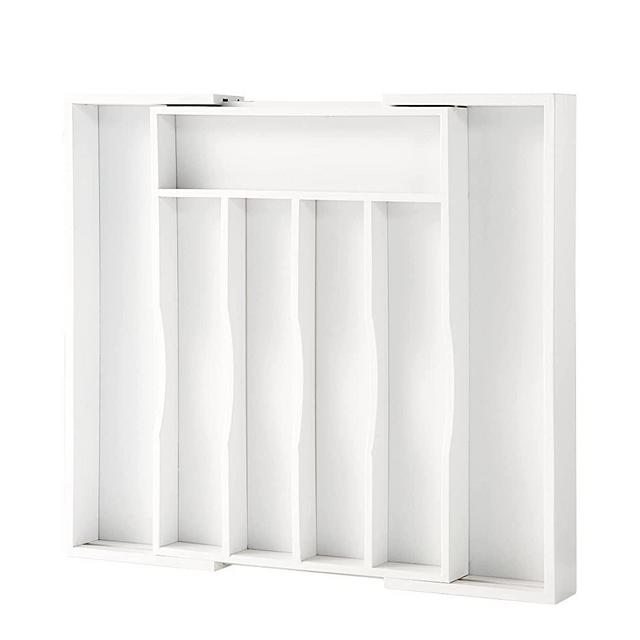 oridom Expandable Bamboo Kitchen Drawer Organizer for Cutlery and Utensils, Adjustable Bamboo Wood Cutlery Tray in Drawer for Flatware and Silverware in Kitchen, (White)