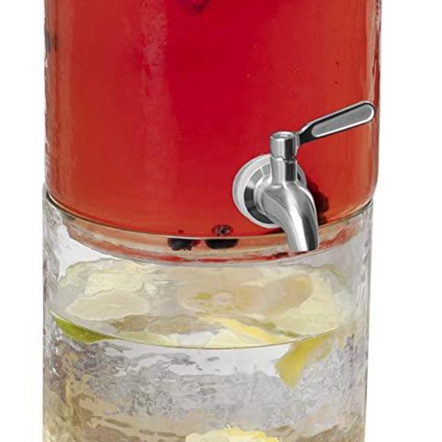 BIRDROCK HOME 2 Gallon Stacking Beverage Dispenser with Lid - Hammered Glass - Stainless Steel Spigot - Decorative Round Jar for Drinks - Lemonade Sangria Tea Water Drink Jar Jug - Home Parties