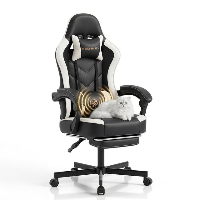 Kslysuty Desk Computer Gaming Chair - High Back Ergonomic Office Chair with Footrest and Lumbar Support, Swivel Comfy Home Gamer Video Game Chairs with Pocket Spring Cushion for Adults (White Leather)