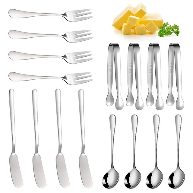Mlurcu Cheese Butter Spreader Knives Set 16 Pieces Charcuterie Accessories Stainless Steel Butter Knives Mini Serving Tongs Spoons and Forks for Butter Cheese Jam Appetizers Pastry (Silver-1)