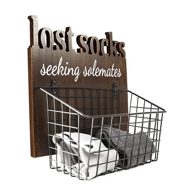 EVA murmure Cutout Letters Lost Socks - Rustic Wooden Laundry Sign Wall Decor With Attached Basket - Laundry Organization, Farmhouse Laundry Room Decor And Laundry Room Accessories - House Decor, Gifts For Women - 11x12x6inches-brown