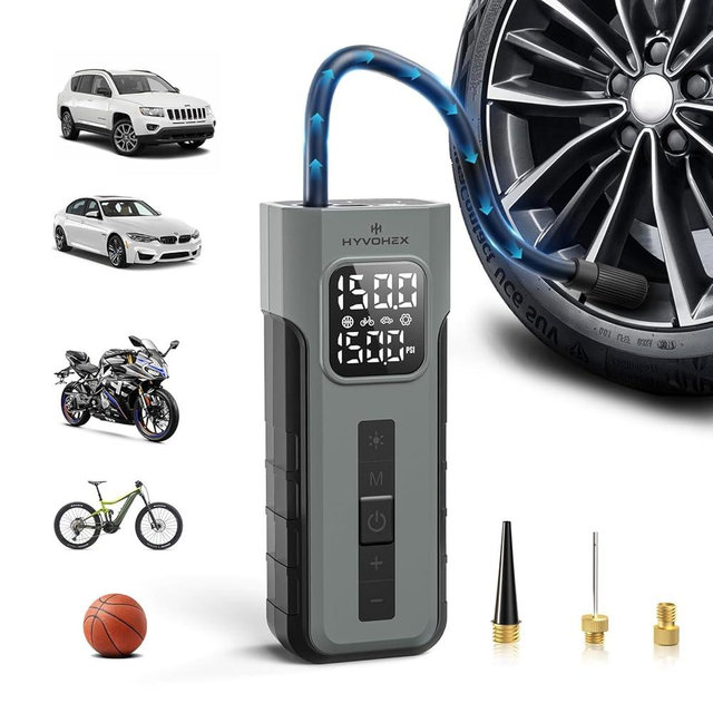 HYVOHEX Tire Inflator Portable Air Compressor, 1 Min Fast Inflation Cordless Bike Pump with Digital Pressure Gauge LED Light, 150 PSI Electric Air Pump for Car Tires, Bicycle, Motorcycle, Ball (Grey)