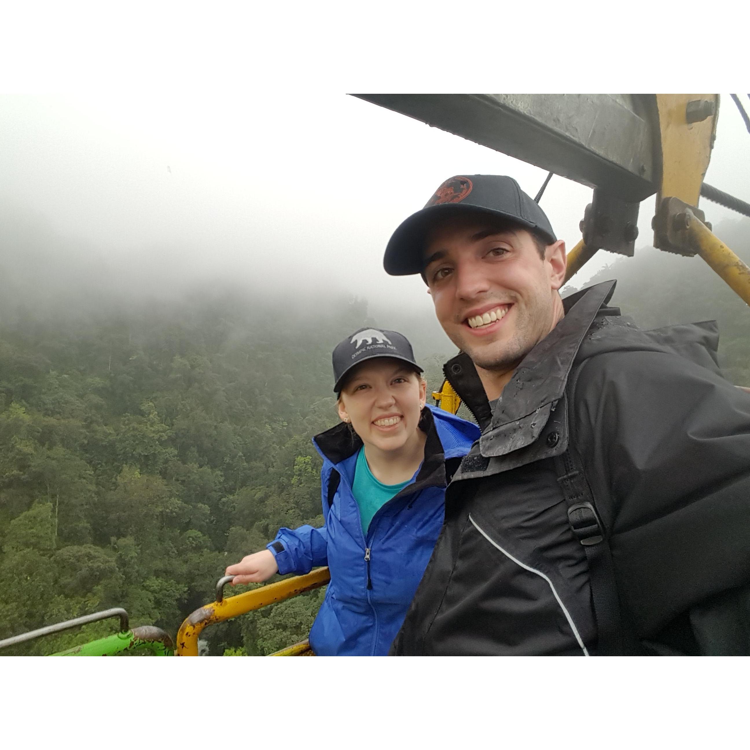 Riding a cable cart in the Ecuadorian Rainforest