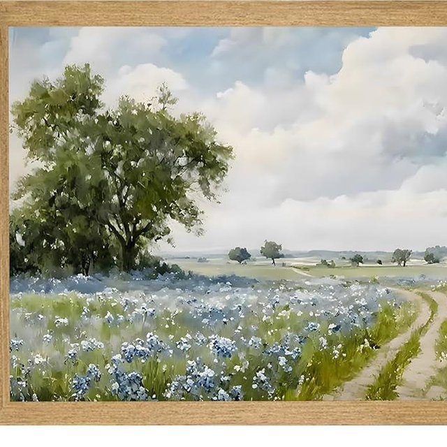 Blue Landscape Wall Art Framed Canvas Vintage Wildflower Farmhouse Pictures Wall Decor Country Rustic Nature Prints for Bathroom Living Room Bedroom 8x10 Inch