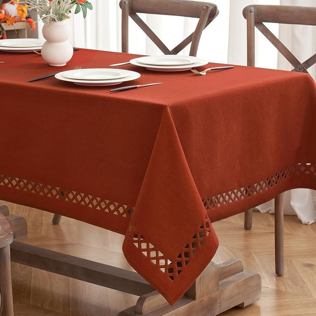 MIULEE Burnt Orange Thick Polyester Linen Rectangle Tablecloth with Decorative Cutouts Waterproof Stain Resistant Table Cloth Spring Boho Fall Table Cover for Dining Party Wedding, 84 x 55 inch