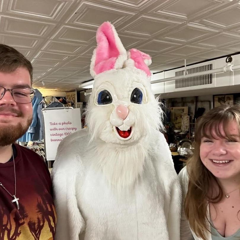 Our first date! We were both so nervous because we had hung out countless times as friends. We only got one photo together the whole date and it’s this one with a creepy bunny from Nostalgia
